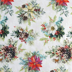 クリスマス ポインセチア、ヒイラギ、松ぼっくりのクリスマス・アレンジメント トス/クリーム HF-4552 コットンプリント生地