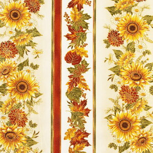 ハロウィン ハロウィーン RK-4643 ひまわり、デイジー、メイプル ストライプ 金ラメ/ベージュ コットンプリント生地