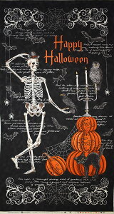骸骨、カボチャ、フクロウ、黒ネコ、蜘蛛の巣 パネル/ブラック 57*110 MO-4674 未完成品 コットンプリント生地