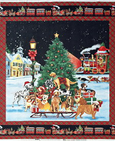 犬、蒸気機関車、クリスマスツリー クリスマス・タペストリー タータンチェック 90*110 SE-4734 未完成品 コットンプリント生地