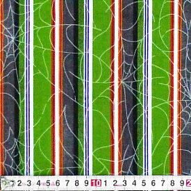 MS-3612 クモの巣のハロウィーンストライプ 緑/灰色/黒/オレンジ/紫 コットンプリント生地