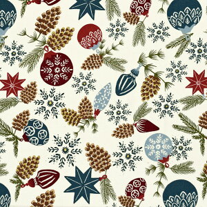 やはり可愛いインポートのクリスマス柄 オーナメント、雪の結晶、松ぼっくり ベージュ MO4921 コットンプリント生地