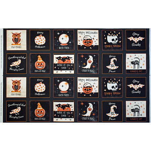 カボチャとクロネコとフクロウとお化けなどがモチーフのハロウィン・ブロックパネル柄 フクロウ、カボチャ、黒猫、コウモリ ハロウィン・スクエア・パネル/ブラック 72*110 PB4937 未完成品