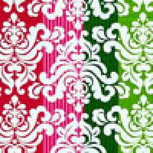 MS-2820 赤,ピンク,緑 カラフルなお花の紋章 ストライプ/ホワイト コットンプリント生地