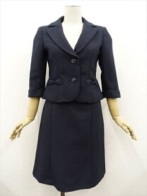 美品 FESMY 七分袖テーラードジャケット+ひざ丈台形スカート スカートスーツ上下2点セット 7YR ネイビー 【中古】