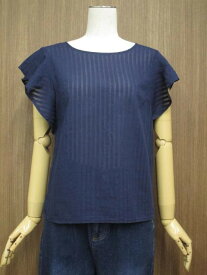 美品 インディヴィ INDIVI フリルスリーブ 半袖 ラウンドネック プルオーバーブラウス 38 ネイビー ストライプ柄 【メール便可】 【中古】