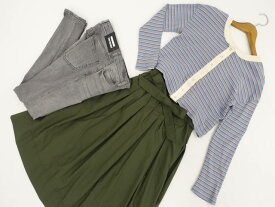 美品 GeeRA&UNIQLO&DR.DENIM 長袖ニットカーディガン+ロング丈タックスカート+デニムスキニーパンツ コーディネート上下3点セット S相当 ライトブルー地 ベージュ ブラウン ボーダー柄/グリーン/グレー カジュアル系 20代・30代 【中古】