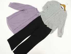 美品 INGNI＆vivapresto&NATURAL BEAUTY 長袖シャツブラウス+長袖ブラウス+ストレートパンツ コーディネート上下3点セット M相当 パープル/ホワイト ブラック ストライプ柄/ブラック きれいめ・オフィス系 20代・30代・40代 【中古】