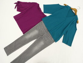 美品 Chez toi&INGNI&SHOO-LA-RUE 洗える七分袖ニットカットソー+九分袖オープンショルダーカットソー+スキニーデニムパンツ コーディネート上下3点セット M相当 パープル/グリーン系/グレー カジュアル・シンプル系 30代・40代・50代〜 【中古】