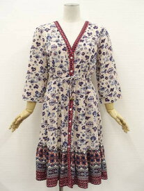美品 フラッシュブルー FLASH BLUE 洗えるロング丈 七分袖 ワンピース L ピンクベージュ地 ネイビー レッド ホワイト 花柄 【メール便可】 【中古】
