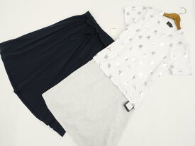 \15,000新品入りコーディネート上下3点セット M.U.A&Reflect&COMME CA ISM 洗える半袖Tシャツ+ひざ丈台形スカート+ロングフレアスカート L相当 ホワイト地 シルバー 星柄/ライトグレー杢/ネイビー カジュアル・シンプル系 20代・30代 【中古】