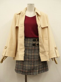 美品 OZOC&any SiS&INGNI 長袖コート+長袖ニットカットソー+ミニ丈ラップ風スカート コーディネート上下3点セット M相当 ベージュ/ボルドー/ブラック ホワイト ブラウン系 グレンチェック きれいめ・カジュアル系 20代 30代 【中古】