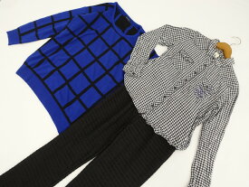 美品 INGNI&WG&forksy. 洗える長袖ニットセーター+長袖シャツ+レースストレートパンツ コーディネート上下3点セット M相当 ブルー ブラック チェック柄/ブラック ホワイト ギンガムチェック柄&ブルー 英字刺しゅう/ブラック カジュアル系 20代・30代 【中古】