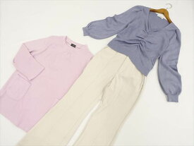 美品 AKADEMY&INGNI&GU 洗える長袖ニットセーター2点+ブーツカットパンツ コーディネート3点セット M相当 ピンク/パープル系/アイボリー フェミニン シンプル系 20代、30代 【中古】