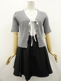 美品 Dazy＆Harf Breed＆INGNI 半袖ニットカーディガン+タンクトップ+ひざ丈ギャザースカート コーディネート上下3点セット M相当 グレー&ホワイト/ライトグレー/ブラック ガーリー系 20代~ 【中古】