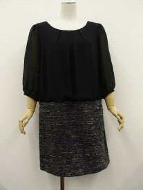 美品 インディヴィ INDIVI ひざ丈 パフスリーブ 七分袖 ツイード＆シフォンドッキングワンピース 42 ブラック&ブラック ホワイト ミックス 【中古】