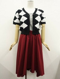 美品 Mure＆INGNI等 半袖ニットカットソー+ノースリーブカットソー+ひざ丈フィッシュテールフレアスカート コーディネート3点セット M相当 ブラック ホワイト アーガイルチェック/グレー杢 シルバーラメ/ボルドー カジュアル・シンプル系 20代・30代 【中古】