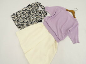 新品入りコーディネート上下3点セット INDIVI＆ROPE PICNIC 半袖フェイクレイヤードカットソー+六分袖ニットカットソー+ひざ丈ボックスプリーツスカート M相当 黒×白×グレー×茶 幾何学模様/ライトパープル/クリーム 総柄 フェミニン・きれいめ系 20、30、40代 【中古】