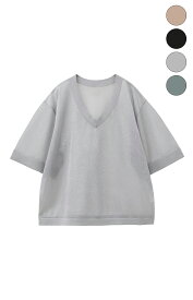 【CLANE | クラネ】SHEER VNECK KNIT TOPS　シアーVネックニットトップス　レディース　半袖　春　夏　秋　透け感　ブラック　グレー　グリーン　ベージュ　オーバーサイズ　ラメ　光沢感【16106-2152】