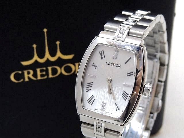 美品 セイコー 割引価格 クレドール 時計 ■ GSWE965 5A70-0AF0 トノー型 ステンレス レディース 16P 4F 良好品 ダイヤ SEIKO クォーツ CREDOR 腕時計