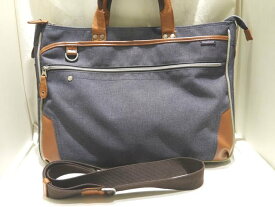 ムスタッシュ 2WAY ブリーフケース ◇ ブルー系 ポリエステル × ブラウン系 レザー 合皮 メンズ ハンドバッグ moustache ▼8B
