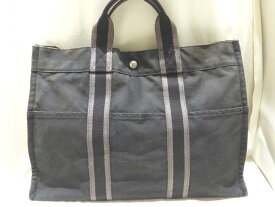 HERMES エルメス フールトゥMM トートバッグ ☆ ブラック キャンバス ハンドバッグ メンズ レディース A4収納可 黒 ▼8F