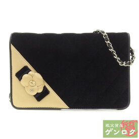 【中古】 シャネル カメリア チェーンウォレット ショルダーバッグ 24番台 ベロア×レザー ブラック CHANEL【質屋】【代引き手数料無料】