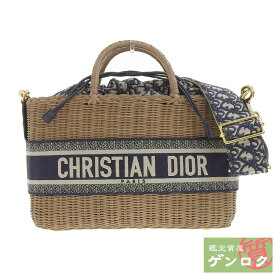 【中古】Dior ディオール ショルダーバッグ 2WAYかごバッグ 2WAYバッグ ハンドバッグ ブラウン ネイビー ラタン キャンバス 斜め掛け レディース【質屋】【代引き手数料無料】