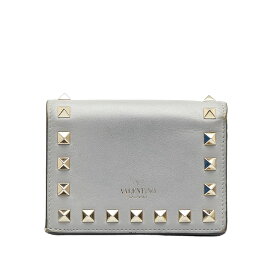 ヴァレンティノ ロックスタッズ コンパクトウォレット 二つ折り財布 グレー レザー レディース VALENTINO 【中古】