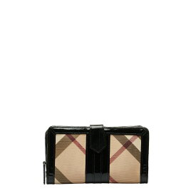 バーバリー ノバチェック 長財布 ベージュ ブラック エナメル PVC レディース BURBERRY 【中古】