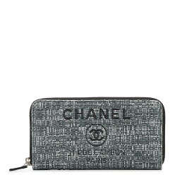 シャネル ココマーク ドーヴィル ラウンドファスナー 長財布 ブルー ツイード レディース CHANEL 【中古】