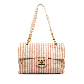 シャネル デカマトラッセ ストライプ ココマーク チェーン ショルダーバッグ ピンク ホワイト コットン レディース CHANEL 【中古】