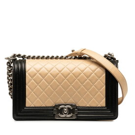 シャネル ボーイシャネル ココマーク チェーンショルダーバッグ ベージュ ブラック ラムスキン レディース CHANEL 【中古】