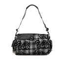 シャネル カメリア チェーン ショルダーバッグ グレー ブラック ツイード レザー レディース CHANEL 【中古】