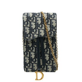 ディオール オブリーク チェーンショルダーバッグ フォンホルダー ベージュ ネイビー キャンバス レザー レディース Dior 【中古】