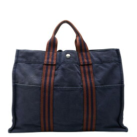 エルメス フールトゥMM トートバッグ ハンドバッグ ネイビー ブラウン キャンバス レディース HERMES 【中古】