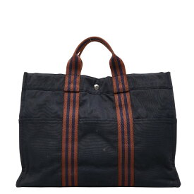 エルメス フールトゥMM トートバッグ ハンドバッグ ネイビー ブラウン コットン レディース HERMES 【中古】