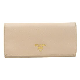 新着【中古】美品 プラダ PRADA サフィアーノ レザー ロング ウォレット 二つ折り 長財布 小銭入 カード ベージュ GLDロゴ レディース メンズ オフィス