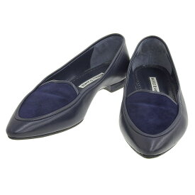 【中古】 箱付美品 マノロブラニク MANOLO BLAHNIK カーフ×スエード ネイビー フラットパンプス レザー シューズ 38 24cm レディース