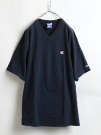 90s USA製 ★ Champion チャンピオン コットン 無地 Vネック 半袖 Tシャツ ( メンズ 男性 L ) 90年代 アメリカ製 紺 古着 USED ソリッド