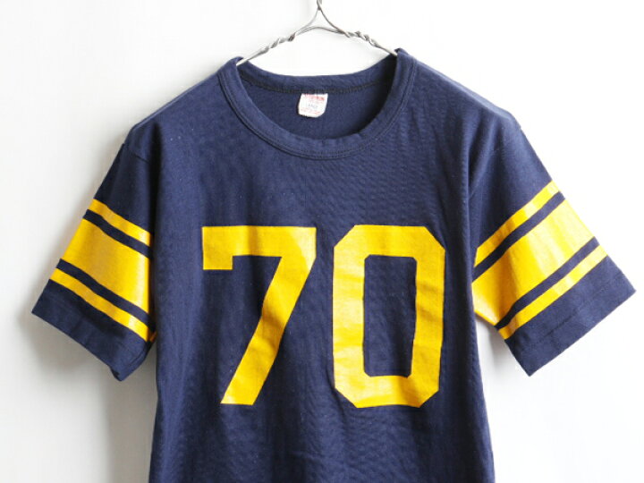 デッドストック 60 s ビンテージ Champion チャンピオン ナンバー プリント 半袖 フットボール Tシャツ メンズ 男性 L 60年代 古着 US古着 古着 中古 半袖Tシャツ コットン ネイビー イエロー 紺 黄 バイカラー 2トーン ライン ランタグ