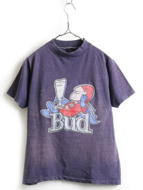 80s ビンテージ ★ BUDMAN バドマン プリント 半袖 Tシャツ ( メンズ レディース S M 程) 古着 80年代 キャラクター バドワイザー ネイビー| 【USA古着】中古 ヴィンテージ プリントTシャツ キャラクターTシャツ 当時物 アメキャラ 男女兼用 男性 女性 紺 ナス紺