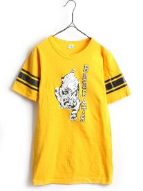 【5/25 24h限定 P8倍&400円OFF!!】 70s ビンテージ ★ Champion チャンピオン BOBCATS プリント フットボール 半袖 Tシャツ ( メンズ 男性 M ) バータグ 70年代 イエロー 古着| 【USA古着】 【古着】中古 半袖Tシャツ プリントTシャツ クルーネック プリントT アメリカ製 フ