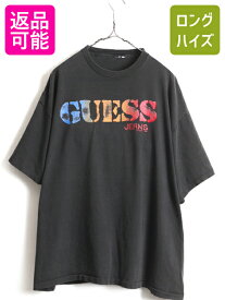 90s 人気 黒 ■ GUESS JEANS ゲス ジーンズ ビッグ ロゴ プリント 半袖 Tシャツ ( 男性 メンズ XL 程) 古着 ロゴT ビッグシルエット 90年代| オールド 中古 半袖Tシャツ プリントTシャツ ロゴTシャツ マルチカラー ビッグロゴ プリントT クルーネック シングルステッチ