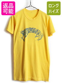 80's ビンテージ ■ 染み込み ロゴ プリント 半袖 Tシャツ ( 男性 メンズ M 程) 古着 80年代 半袖Tシャツ プリントT ロゴT 黄 イエロー | US古着 中古 プリントTシャツ ロゴTシャツ シングルステッチ バインダーネック ビッグロゴ トップス カットソー アメカジ