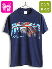 80's ビンテージ ■ ロッキー山脈 プリント 半袖 Tシャツ ( 男性 メンズ S 程) 古着 80年代 半袖Tシャツ プリントT アートT ネイビー 紺 | US古着 中古 プリントTシャツ シングルステッチ クルーネック アートプリント イラスト 風景 アメカジ カットソー トップス