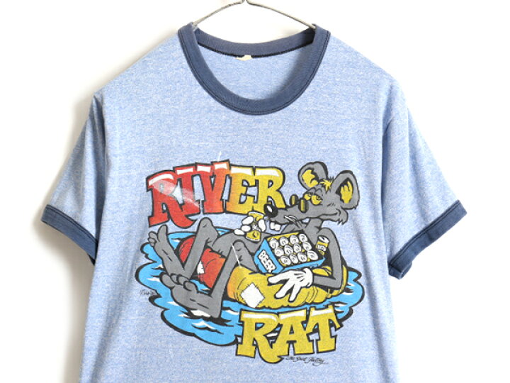 楽天市場 80s Usa製 ビンテージ ネズミ キャラクター プリント 半袖 リンガー Tシャツ M メンズ レディース 小さめ S 程 古着 80年代 青杢 紺 Us古着 中古 アメリカ製 プリントt キャラt 半袖tシャツ リンガーt 霜降り ブルー 青 杢