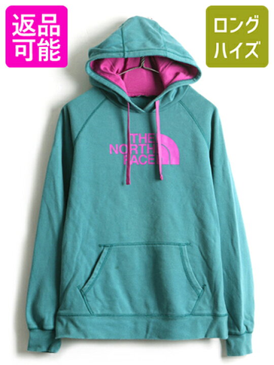 ノースフェイス プリント スウェット フード パーカー レディース M 古着 The North Face トレーナー プルオーバー 裏起毛 緑 青 5 好評