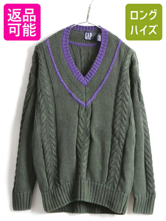 楽天市場 4 27 マラソン 最大15倍 90s オールド Gap ギャップ ラミー コットン Vネック チルデン 長袖 ニット セーター メンズ L 古着 ケーブル 90年代 2トーン 緑 紫 Us古着 中古 男性 クリケットセーター チルデンセーター ニットセーター 長袖ニット