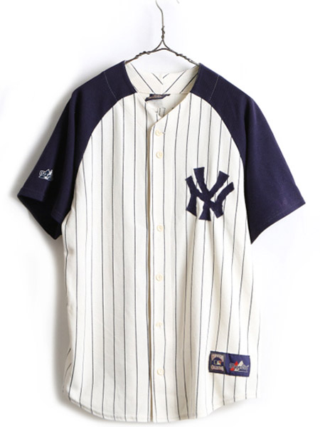 90's USA製 MLB オフィシャル ■ Majestic ニューヨーク ヤンキース ストライプ 半袖 ベースボール シャツ ( メンズ L )  古着 ゲームシャツ| 中古 90年代 オールド NEW YORK YANKEES メジャーリーグ ベーブルース ベースボールシャツ 半袖シャツ 